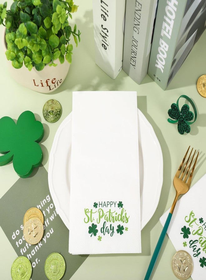 JarThenaAMCS مناديل ضيوف JarThenaAMCS، 50 قطعة، ورق أبيض، مناشف يد خضراء بنقشة نبات البرسيم، مناديل عشاء للاستخدام مرة واحدة بنقشة البرسيم المحظوظ، مثالية لحفلات الأعياد الأيرلندية. - Image 3